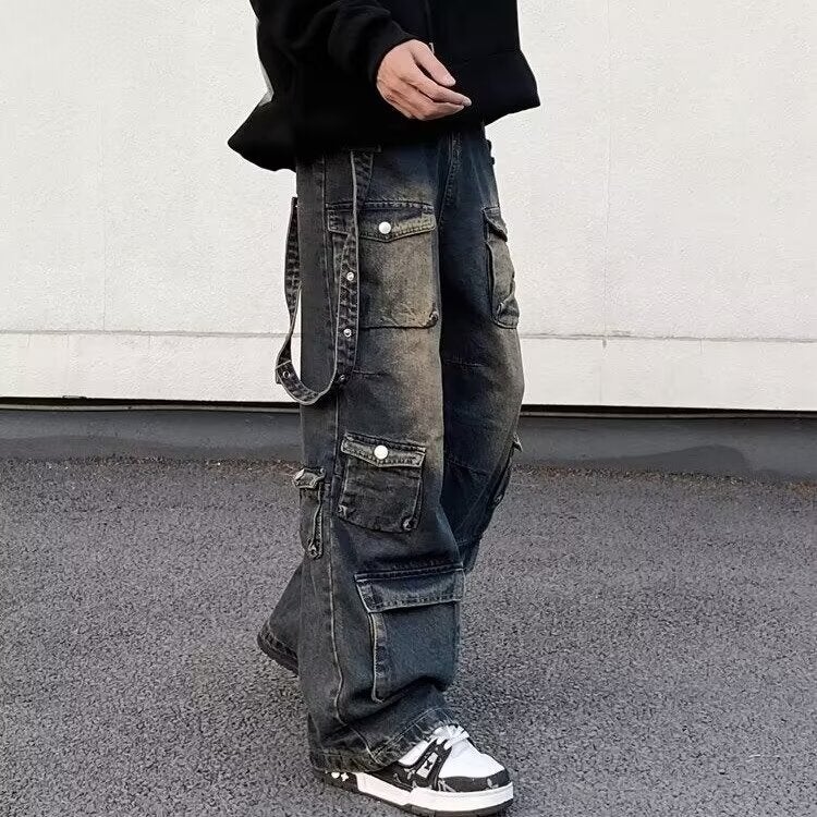 American Style High Street Functional Design Jeans Men'S Niche Lazy Pants Couple'S Trendy Retro Straight Pants - Image 5